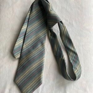 DIOR ALL SILK , striped gray w/ grayed blue &  yellow, tan , red accent $40